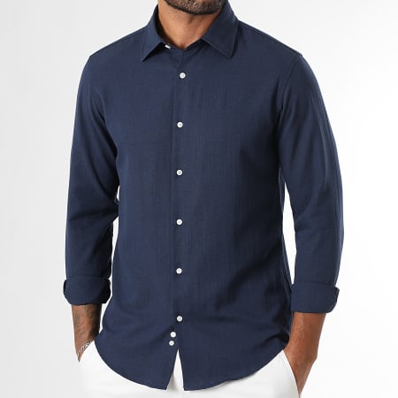 LBO - Lote de 2 camisas de manga larga efecto lino 0014 0016 Blanco Azul Marino